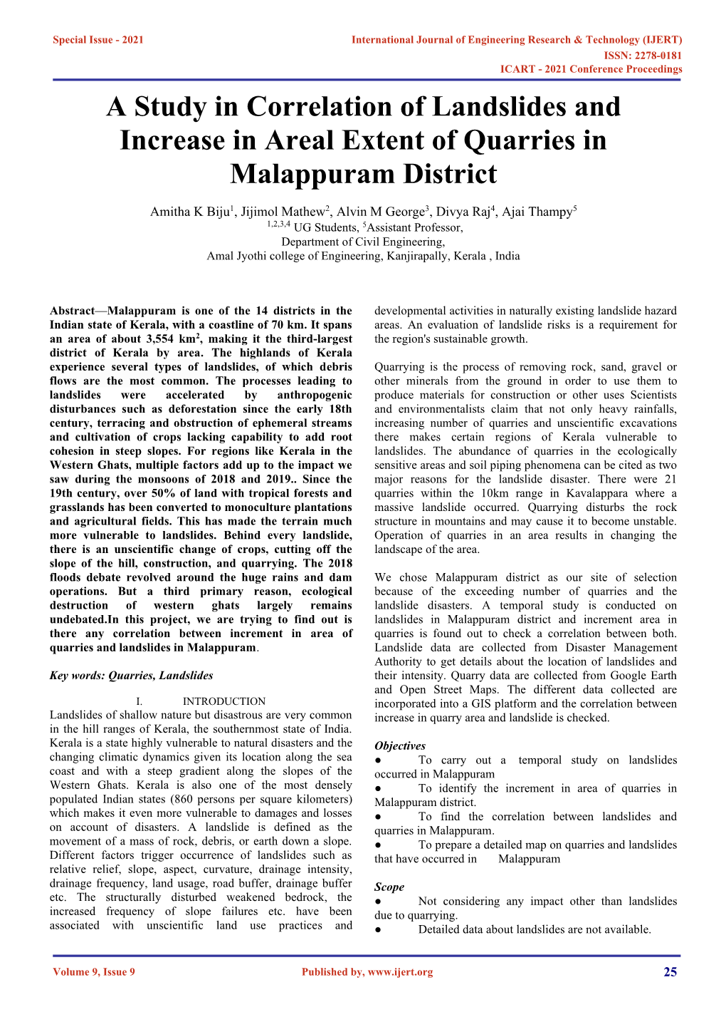 A Study in Correlation of Landslides and Increase in Areal Extent of Quarries in Malappuram District