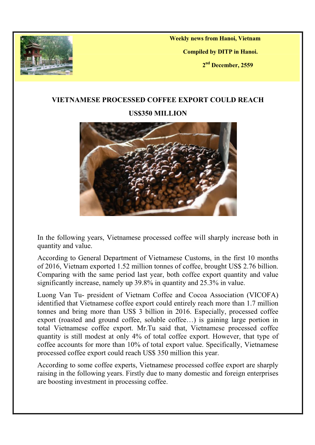 Vietnamese Processed Coffee Export Could Reach Us$350 Million