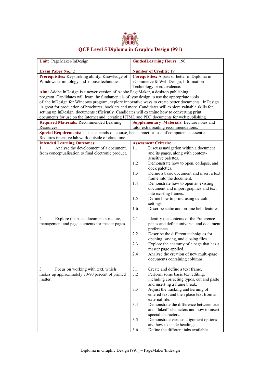 Pagemaker/Indesign Learning Hours Information Sheet