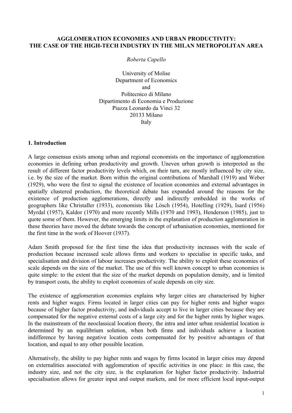 Agglomeration Economies and Urban Productivity: the Case of the High-Tech Industry in the Milan Metropolitan Area