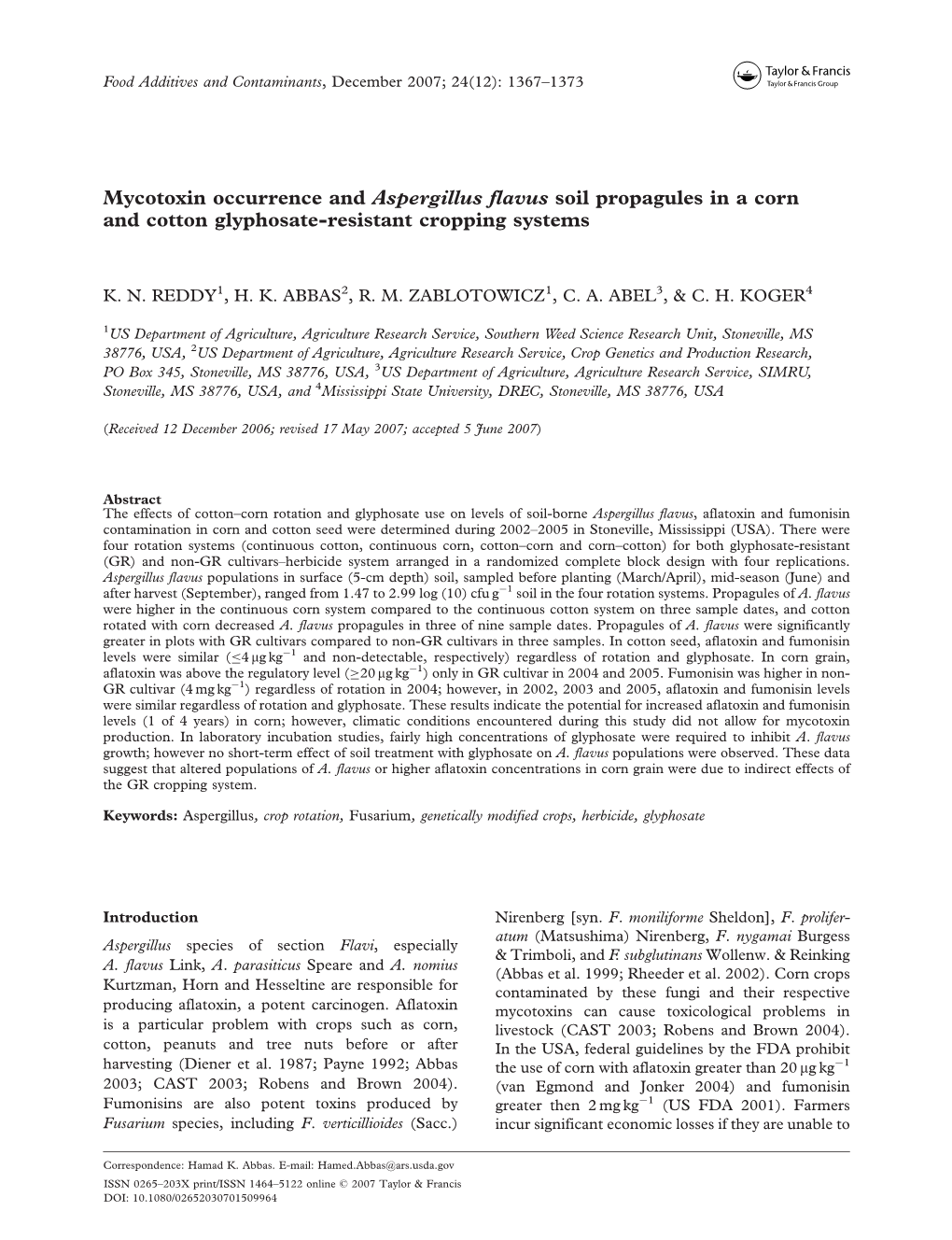 Mycotoxin Occurrence and Aspergillus Flavus Soil Propagules in a Corn and Cotton Glyphosate-Resistant Cropping Systems