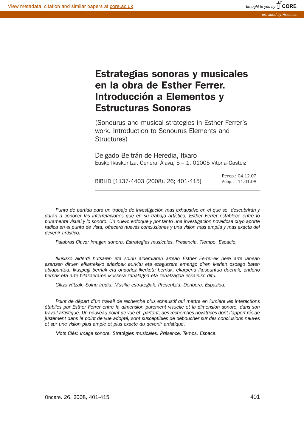 Estrategias Sonoras Y Musicales En La Obra De Esther Ferrer