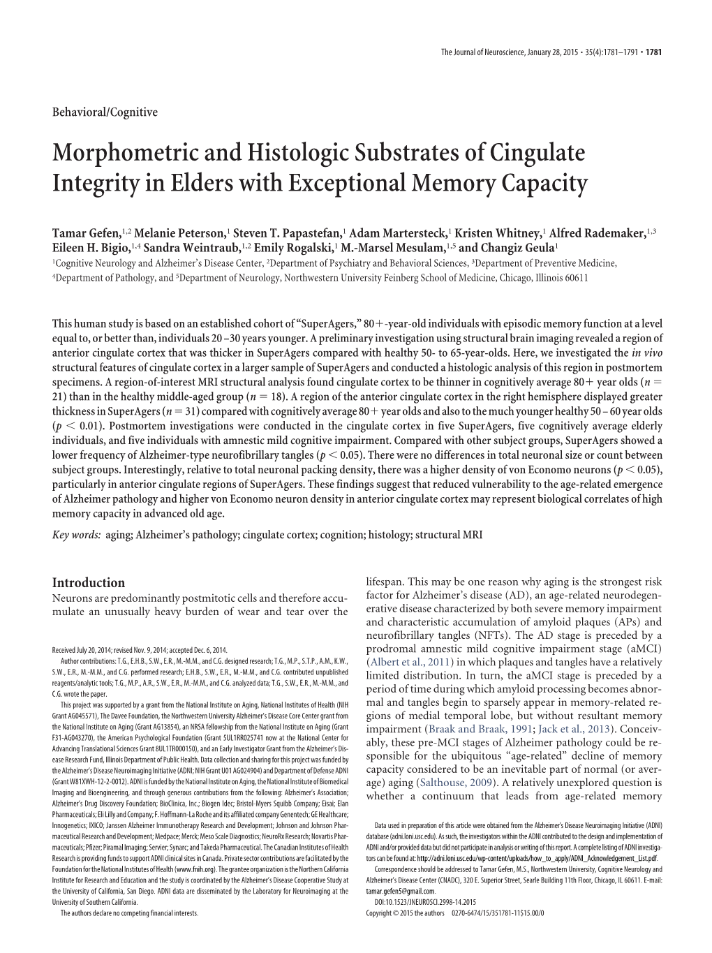 Morphometric and Histologic Substrates of Cingulate Integrity in Elders with Exceptional Memory Capacity