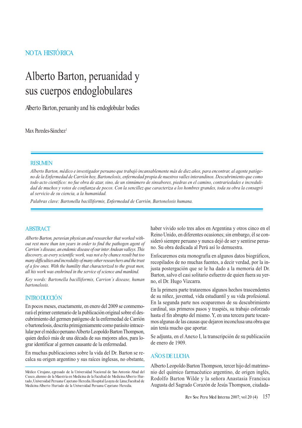 Alberto Barton, Peruanidad Y Sus Cuerpos Endoglobulares Alberto Barton, Peruanity and His Endoglobular Bodies