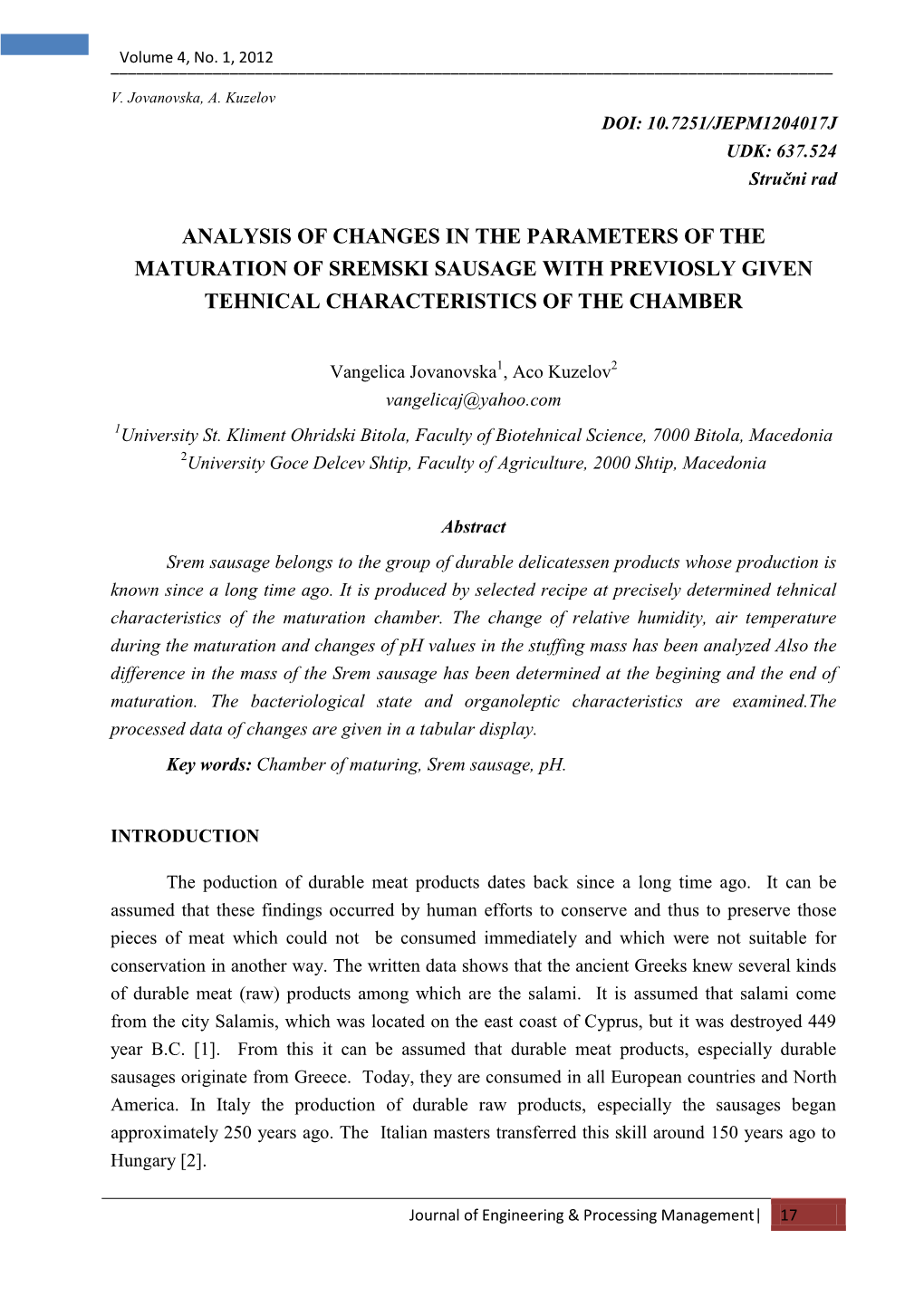 Analysis of Changes in the Parameters of the Maturation of Sremski Sausage with Previosly Given Tehnical Characteristics of the Chamber