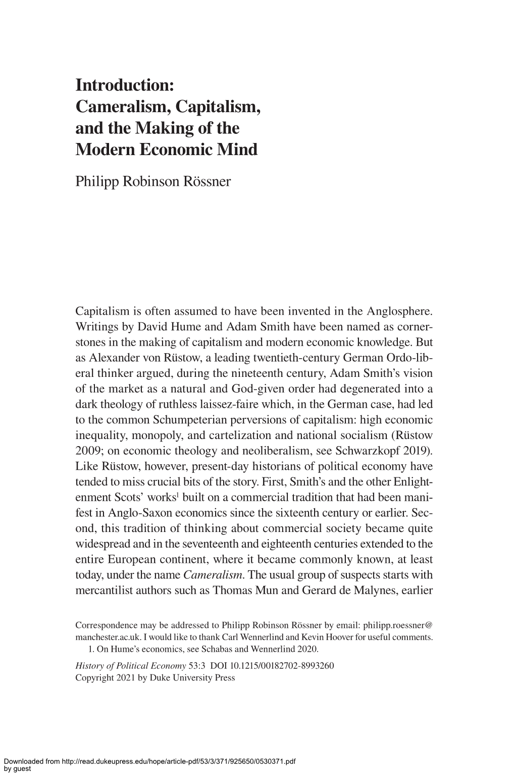 Cameralism, Capitalism, and the Making of the Modern Economic Mind Philipp Robinson Rössner