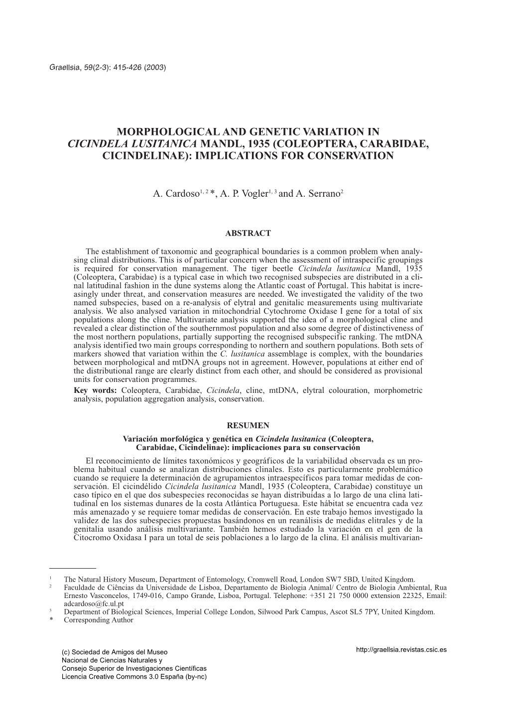 Morphological and Genetic Variation in Cicindela Lusitanica Mandl, 1935 (Coleoptera, Carabidae, Cicindelinae): Implications for Conservation