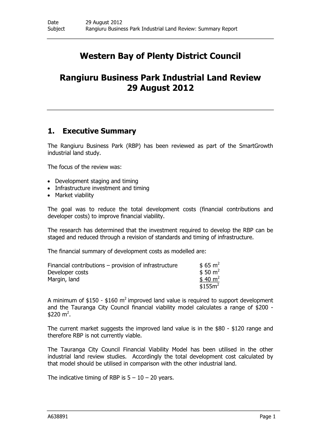 Rangiuru Business Park Industrial Land Review: Summary Report