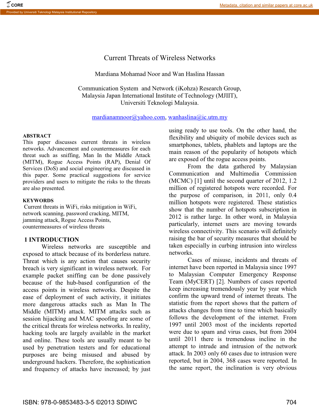 Current Threats of Wireless Networks