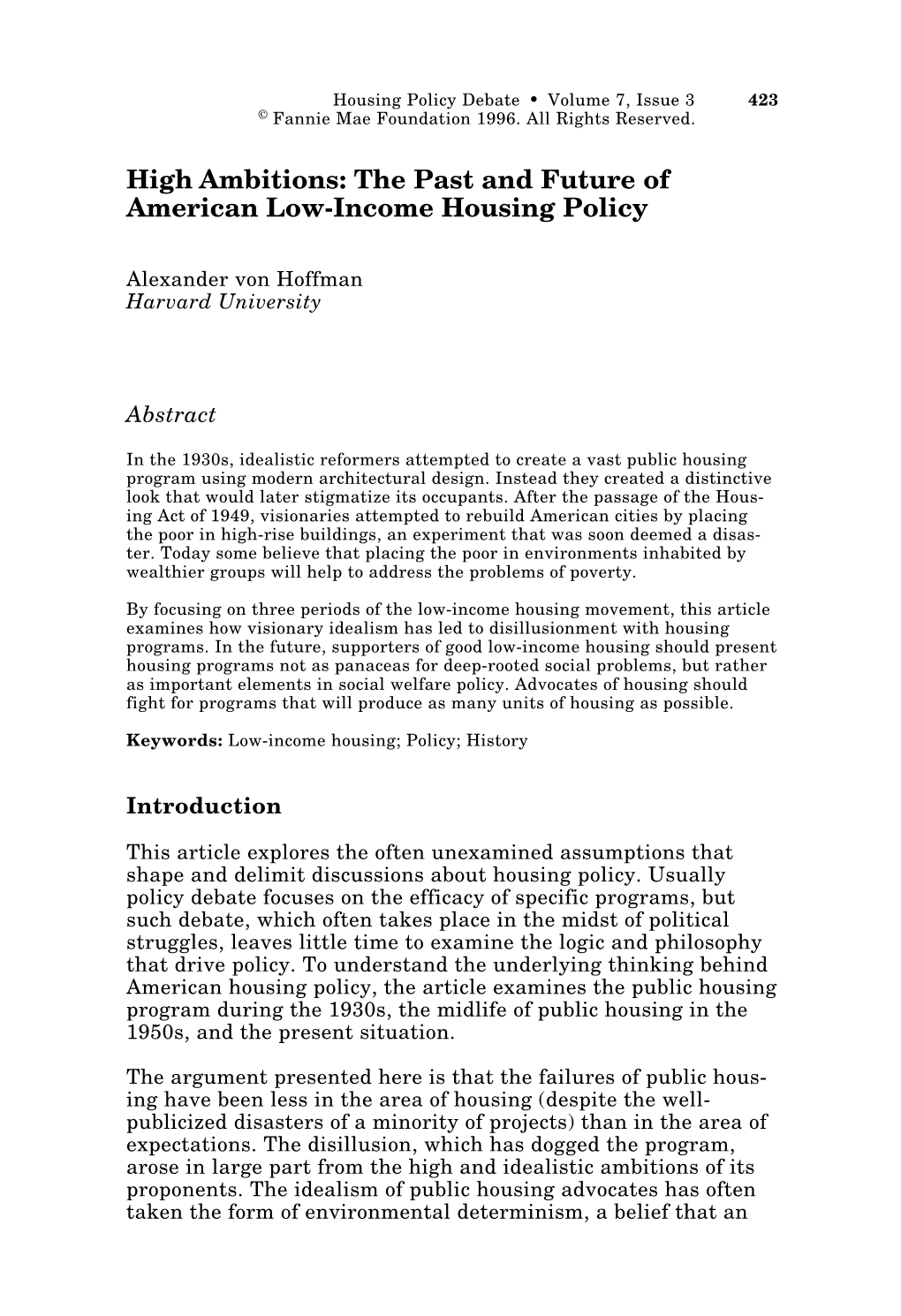 High Ambitions: the Past and Future of American Low-Income Housing Policy