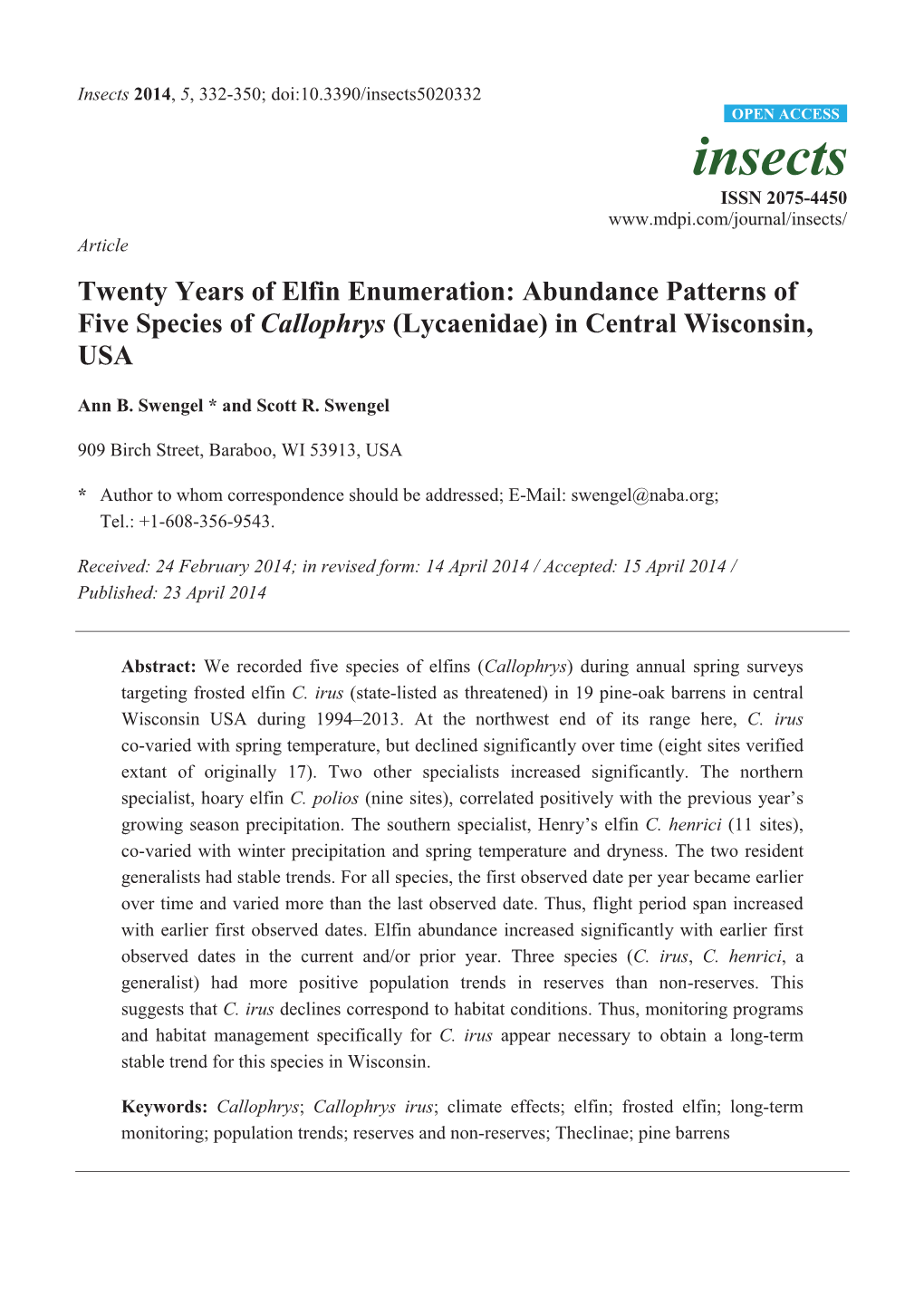 Twenty Years of Elfin Enumeration: Abundance Patterns of Five Species of Callophrys (Lycaenidae) in Central Wisconsin, USA