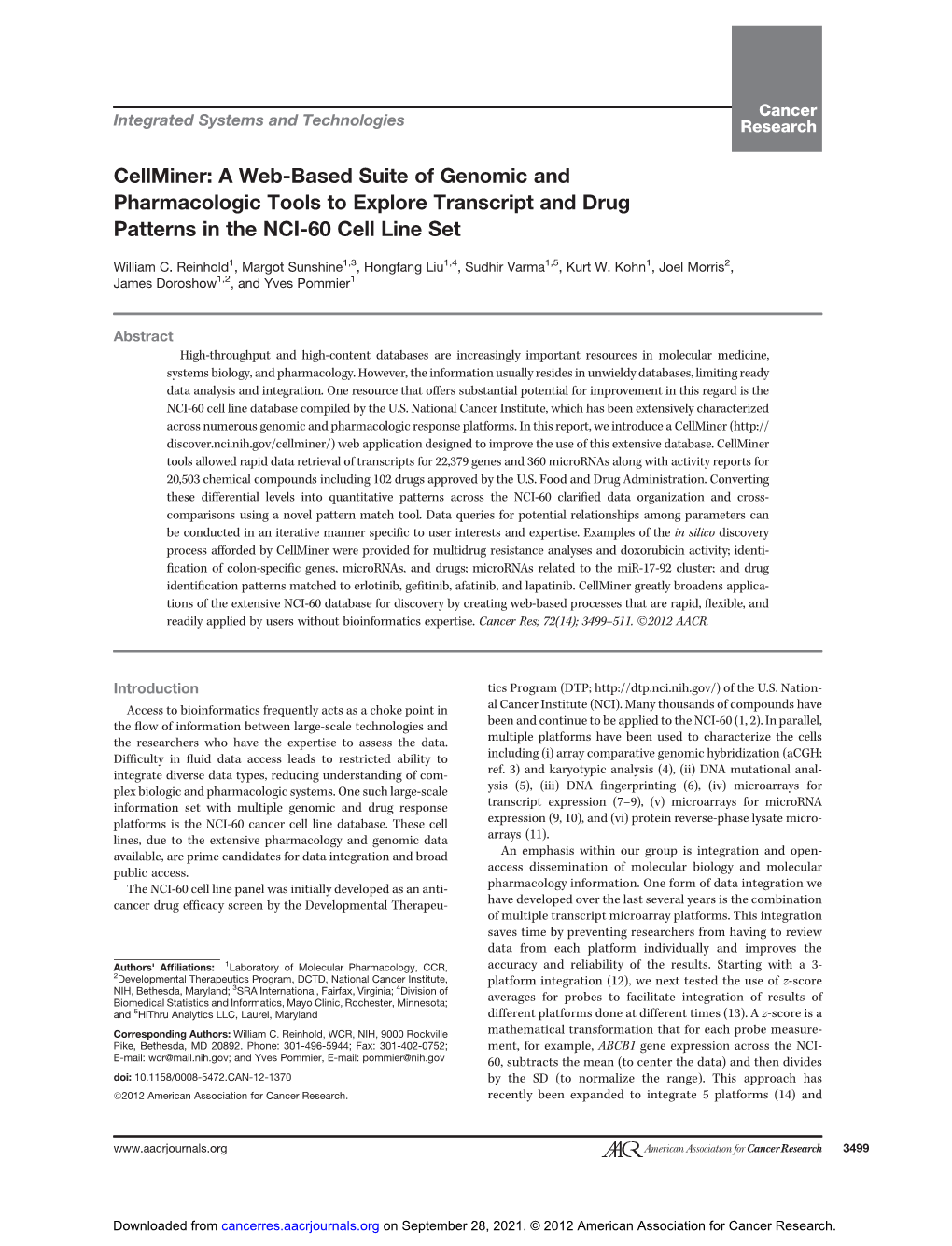 Cellminer: a Web-Based Suite of Genomic and Pharmacologic Tools to Explore Transcript and Drug Patterns in the NCI-60 Cell Line Set