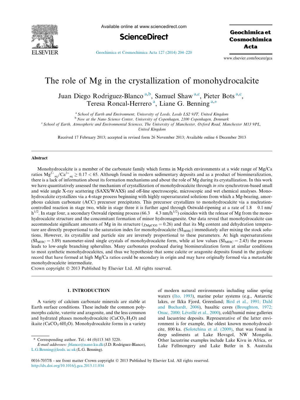 The Role of Mg in the Crystallization of Monohydrocalcite