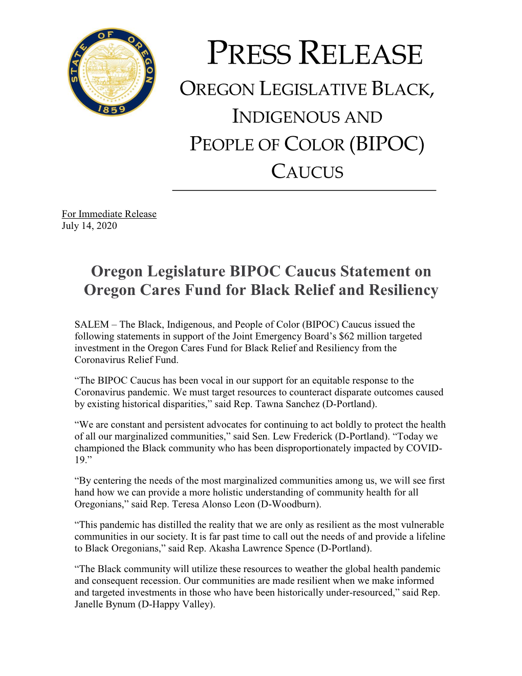 PRESS RELEASE Oregon Legislature BIPOC Caucus Statement On