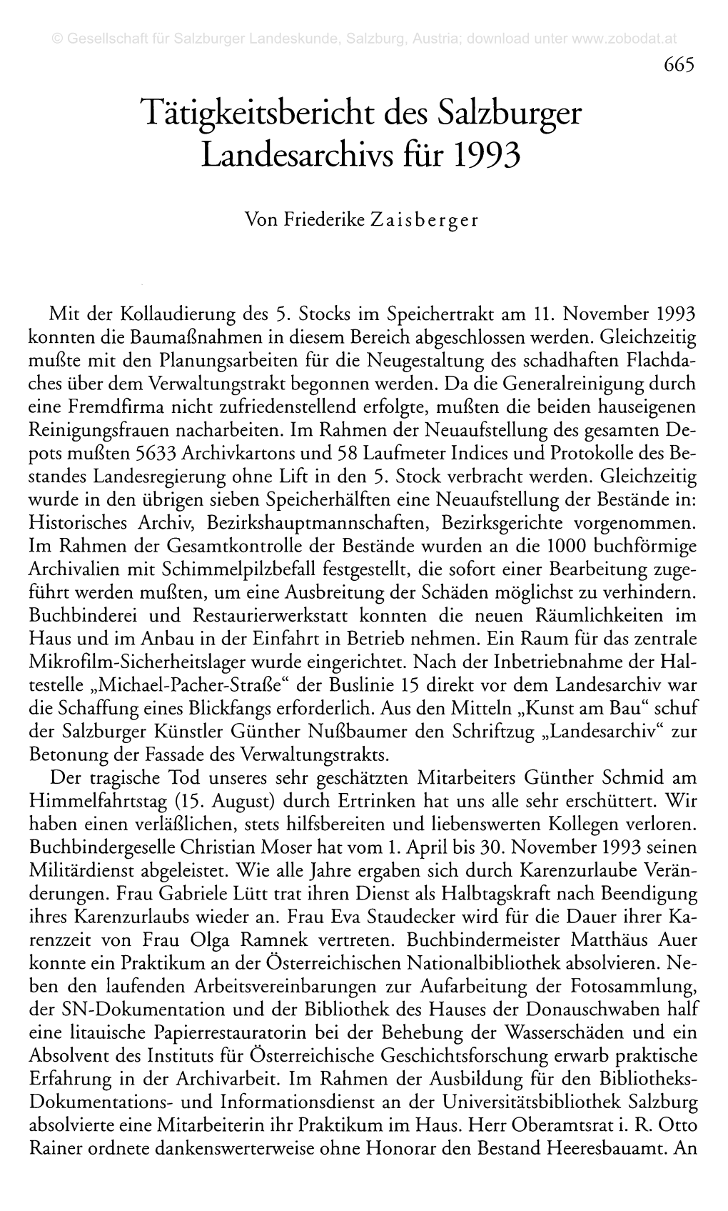 Tätigkeitsbericht Des Salzburger Landesarchivs Für 1993