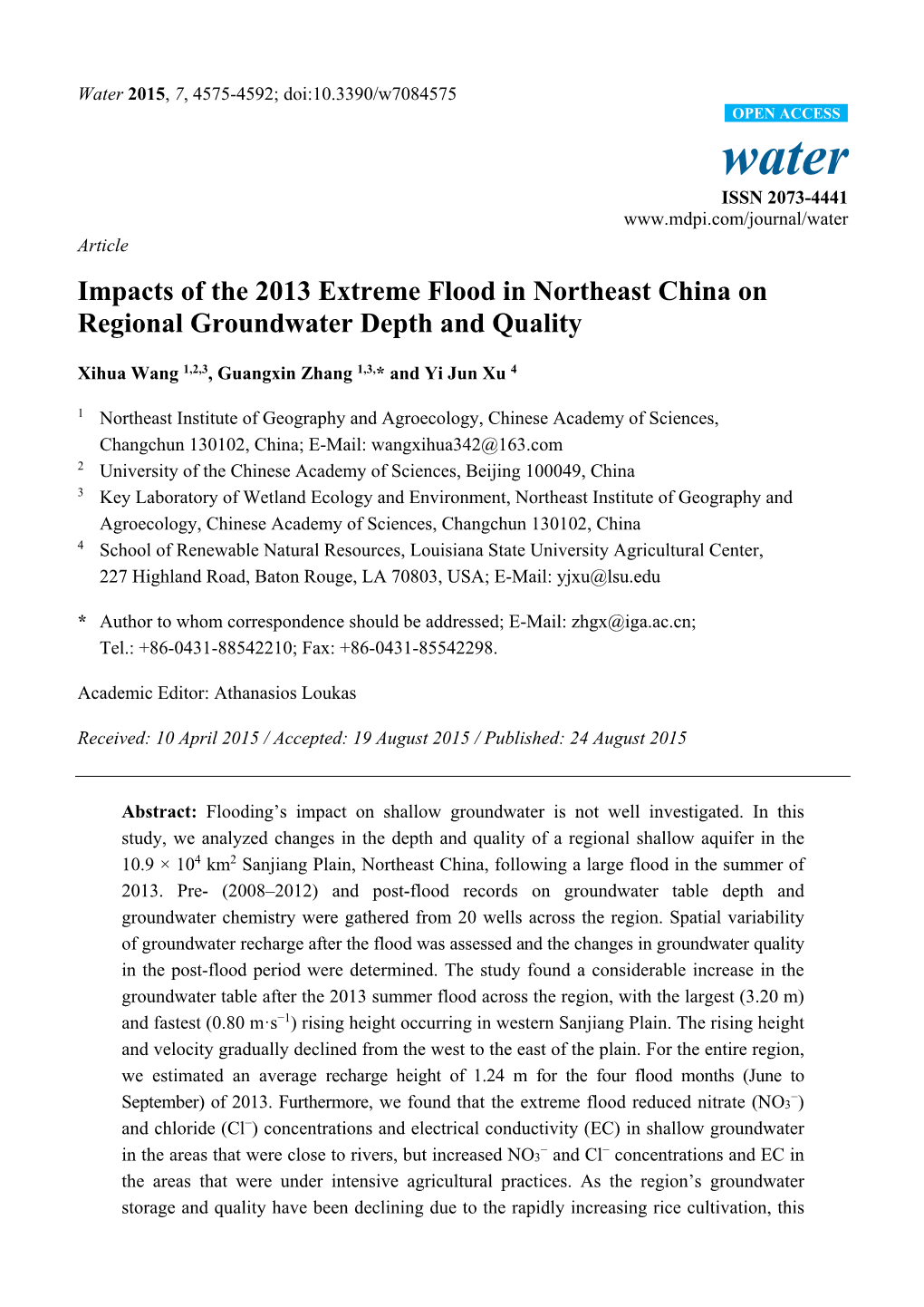 Impacts of the 2013 Extreme Flood in Northeast China on Regional Groundwater Depth and Quality