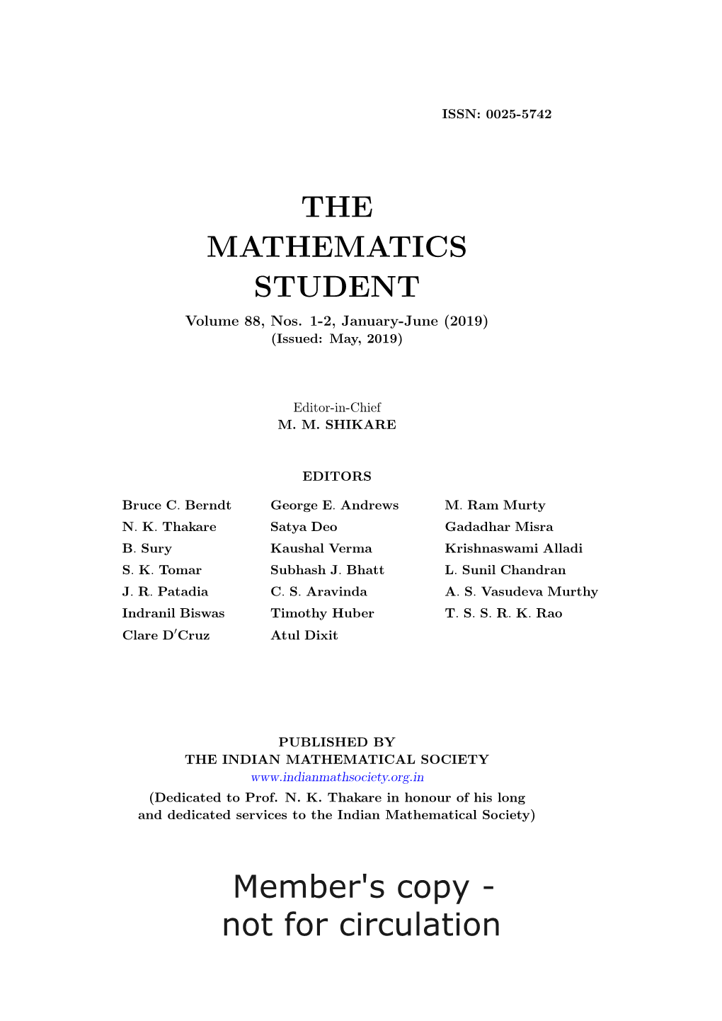 Member's Copy - Not for Circulation the MATHEMATICS STUDENT Edited by M