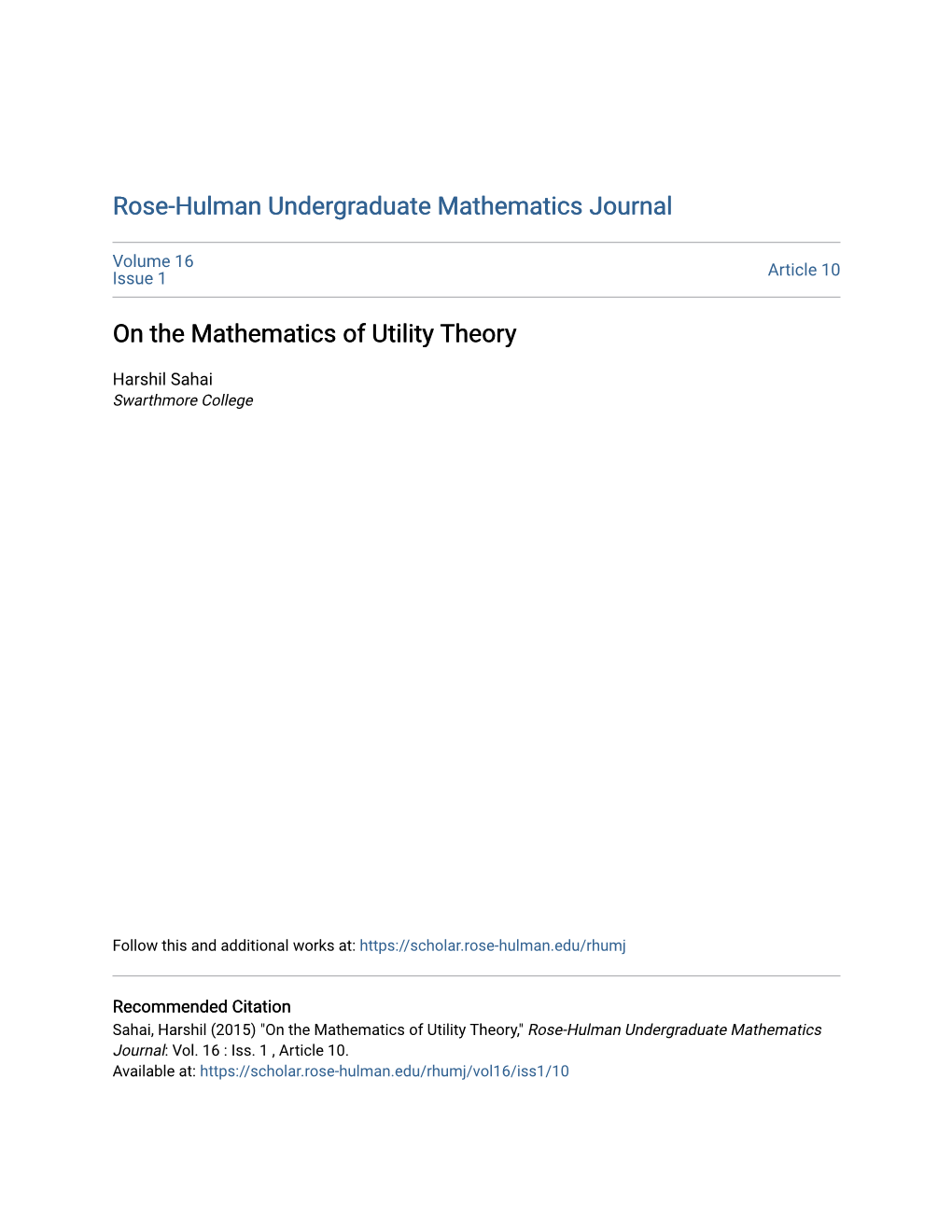 On the Mathematics of Utility Theory