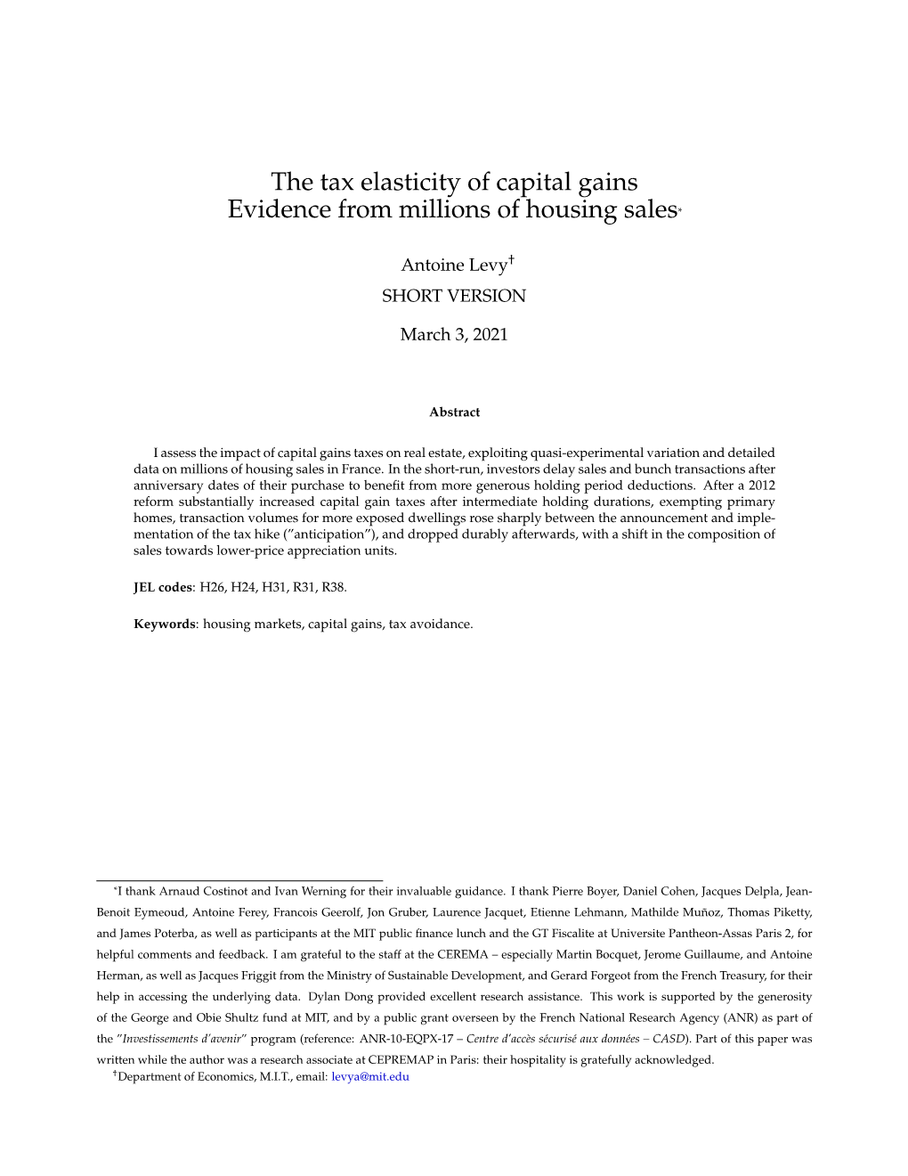 The Tax Elasticity of Capital Gains Evidence from Millions of Housing Sales*