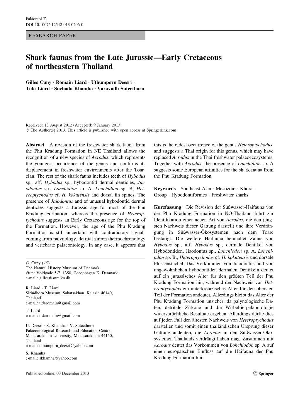 Shark Faunas from the Late Jurassic—Early Cretaceous of Northeastern Thailand