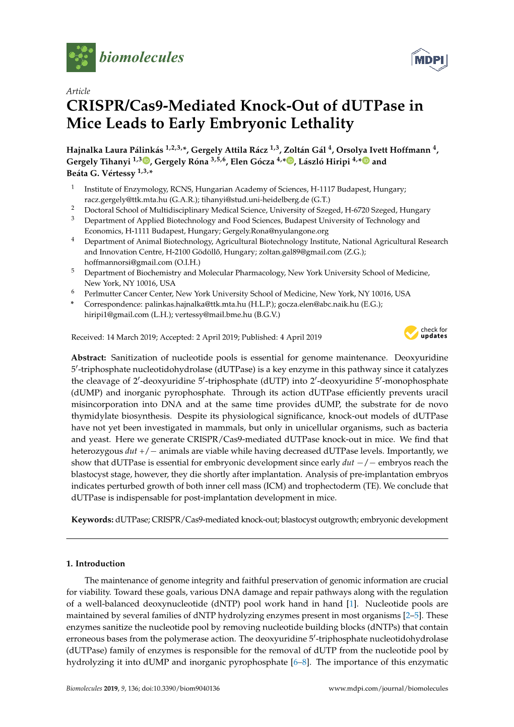 CRISPR/Cas9-Mediated Knock-Out of Dutpase in Mice Leads to Early Embryonic Lethality