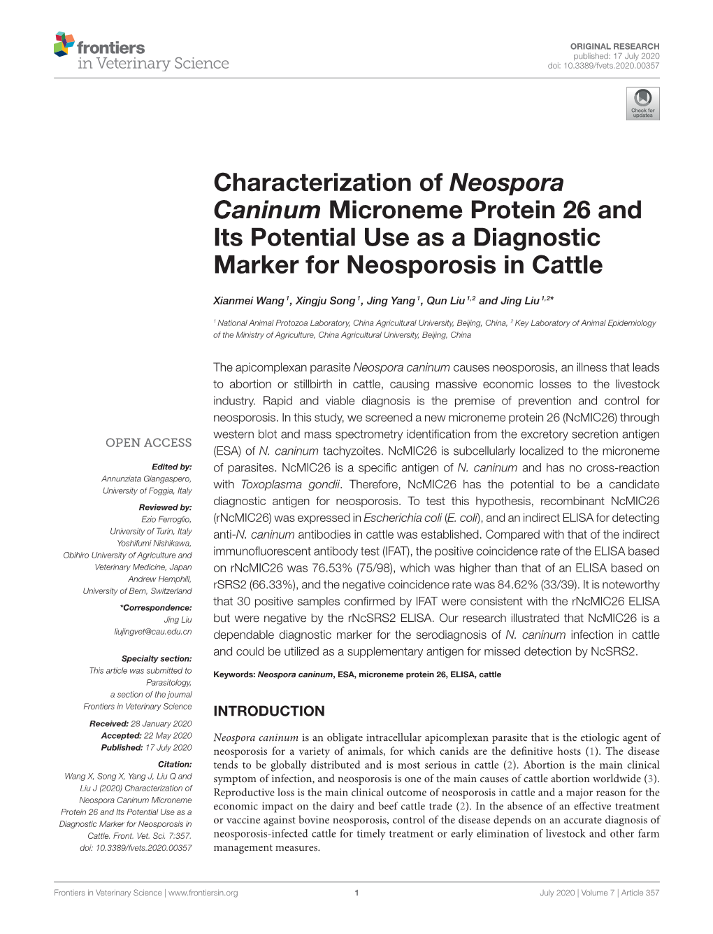 Characterization of Neospora Caninum Microneme Protein 26 and Its Potential Use As a Diagnostic Marker for Neosporosis in Cattle