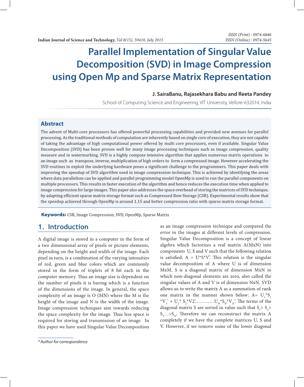 Parallel Implementation of Singular Value Decomposition (SVD) in Image Compression Using Open Mp and Sparse Matrix Representation