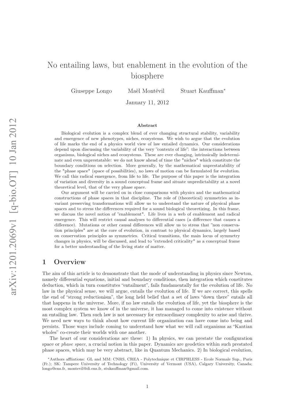 No Entailing Laws but Enablement in the Evolution of the Biosphere'