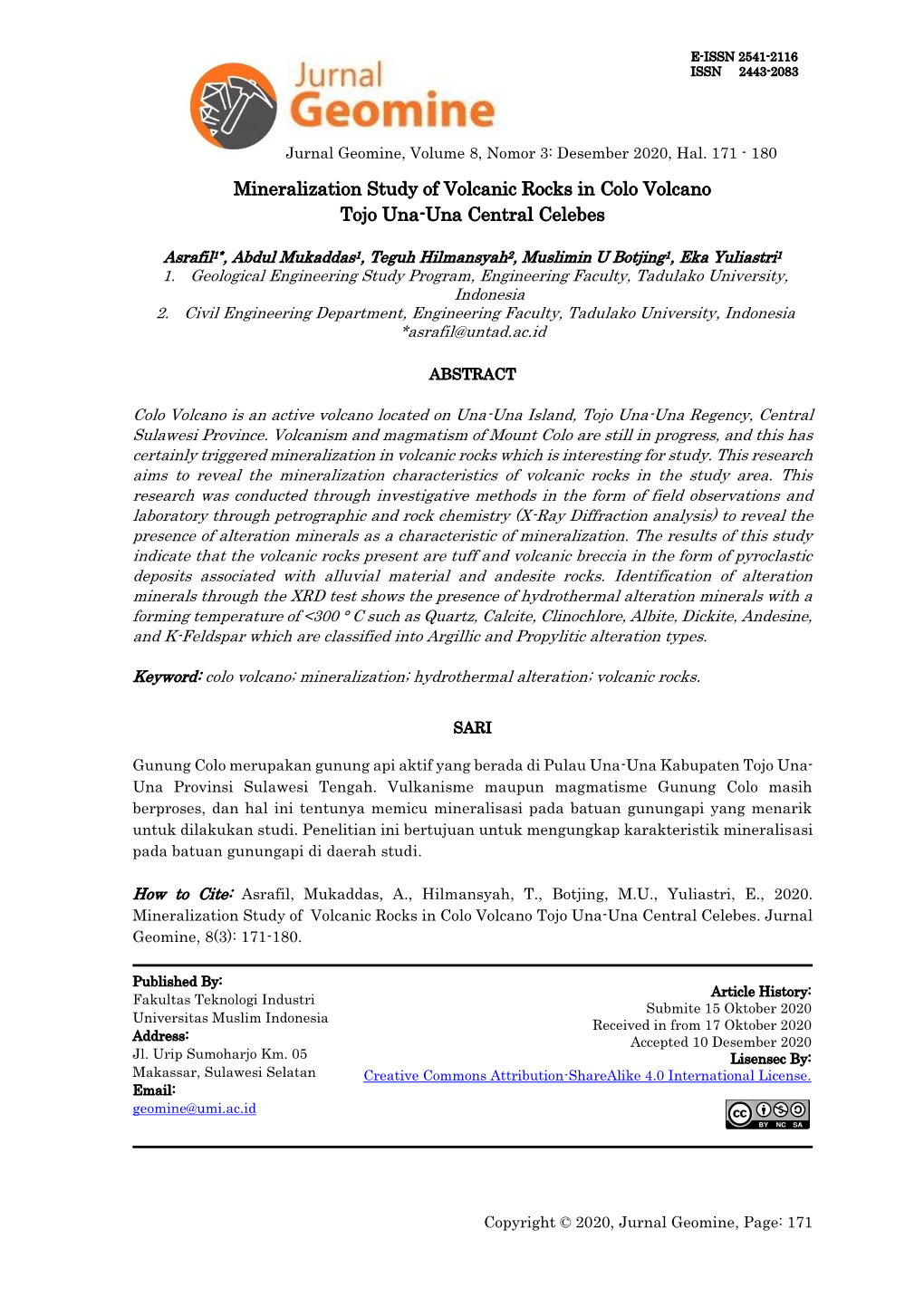 Mineralization Study of Volcanic Rocks in Colo Volcano Tojo Una-Una Central Celebes