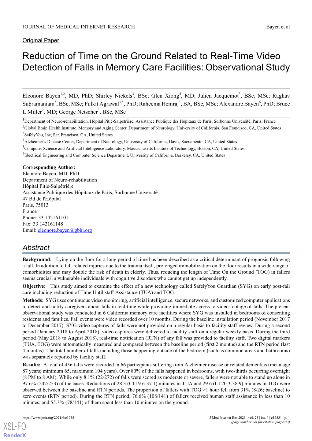 Reduction of Time on the Ground Related to Real-Time Video Detection of Falls in Memory Care Facilities: Observational Study