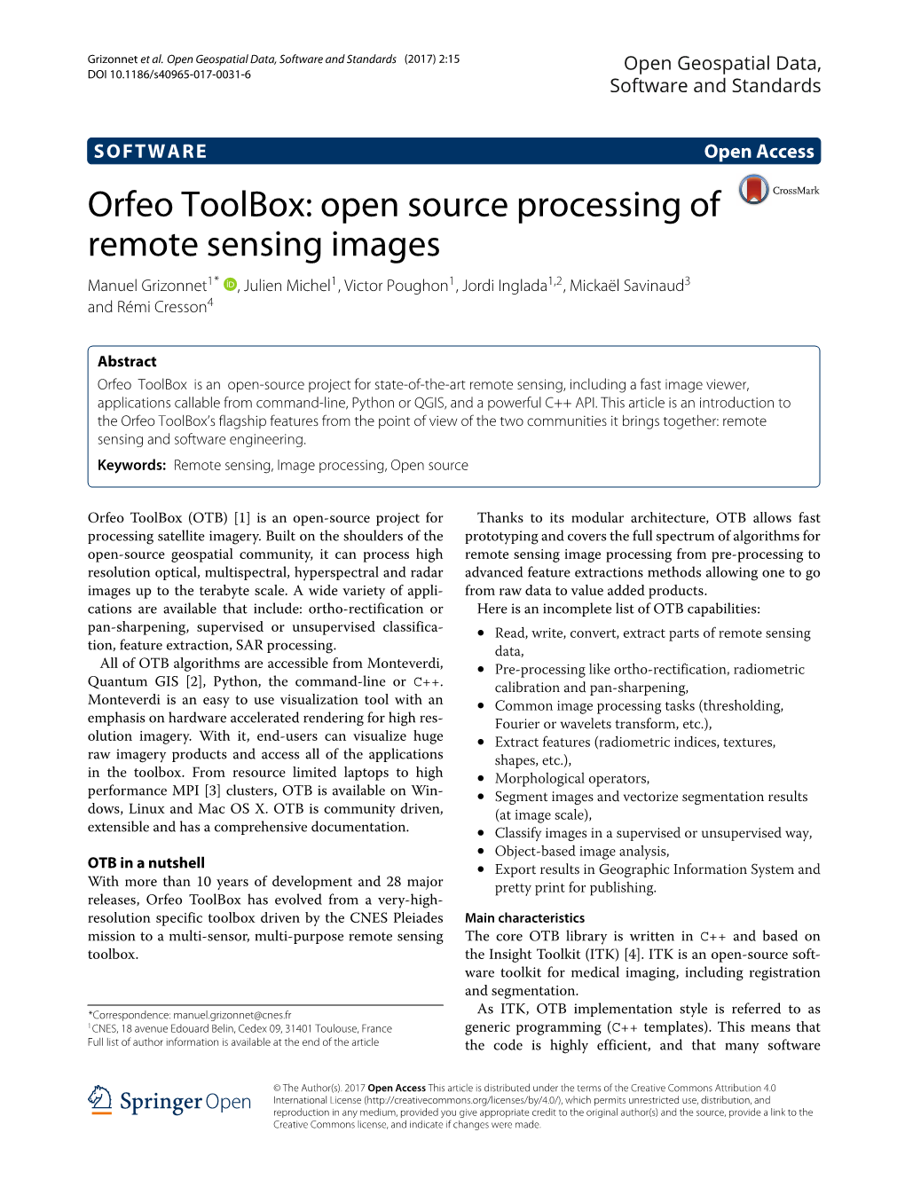 Orfeo Toolbox: Open Source Processing of Remote Sensing Images