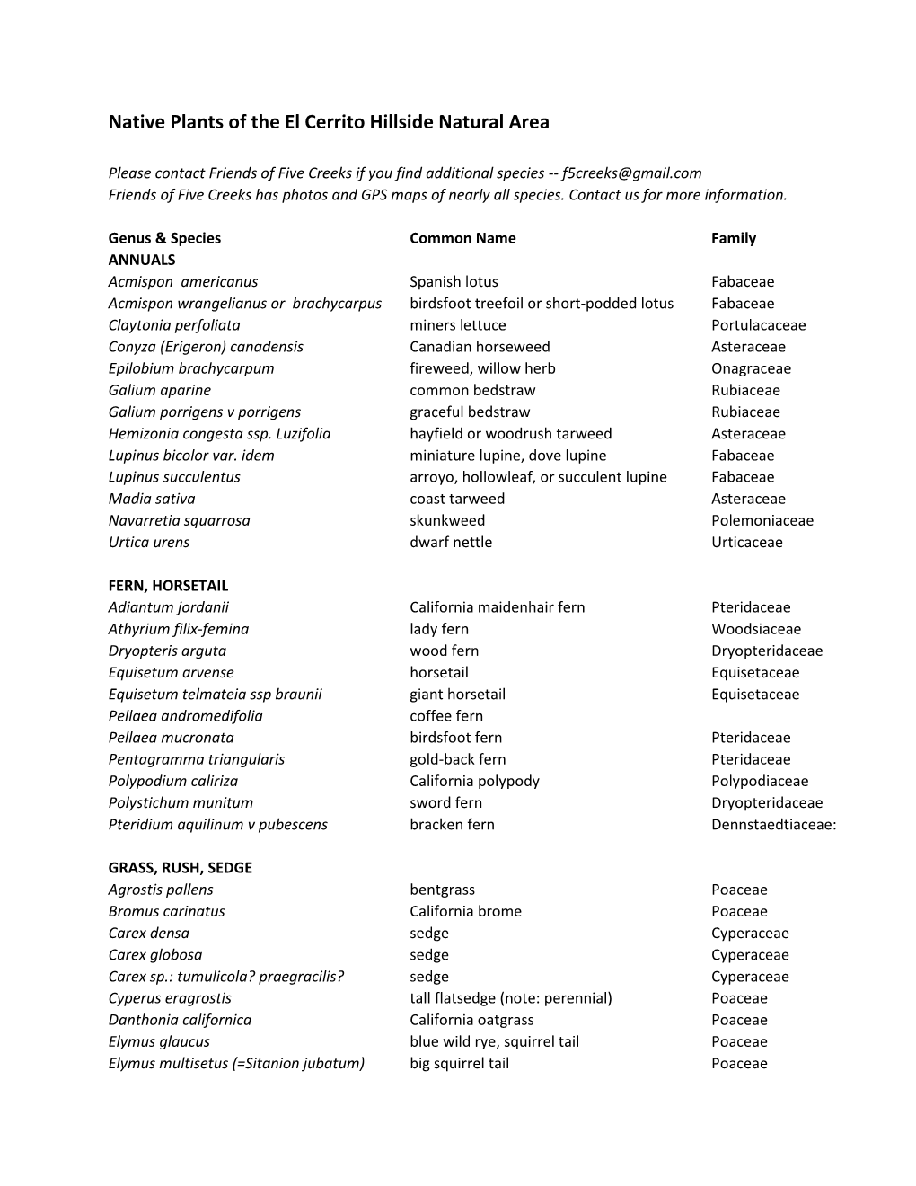 Native Plants of the El Cerrito Hillside Natural Area