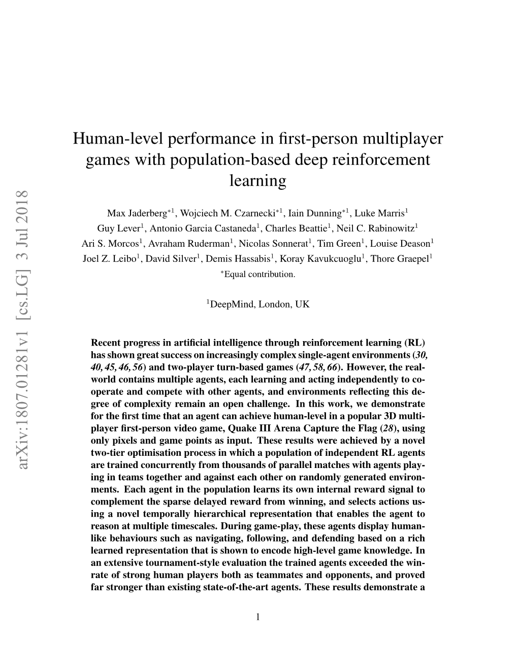 Human-Level Performance in First-Person Multiplayer Games With