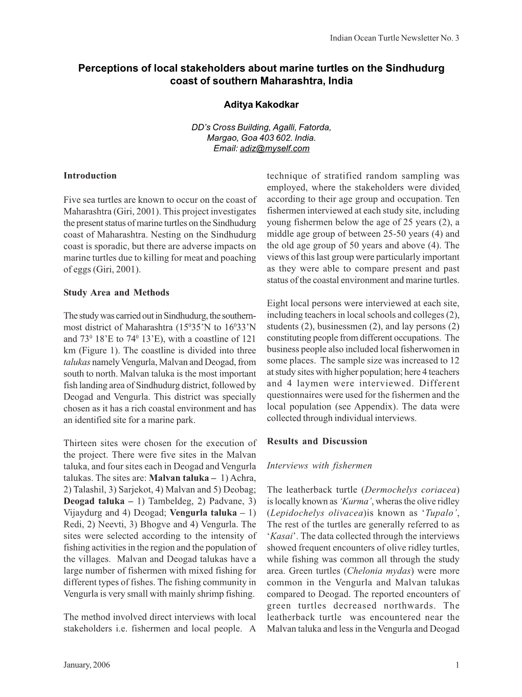 Perceptions of Local Stakeholders About Marine Turtles on the Sindhudurg Coast of Southern Maharashtra, India