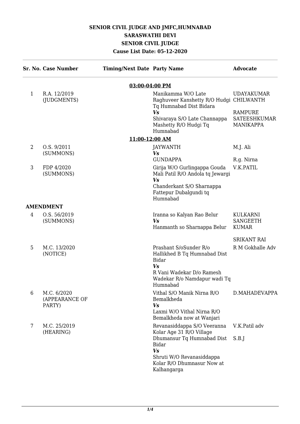 05-12-2020 Sr. No. Case Number Timing/N