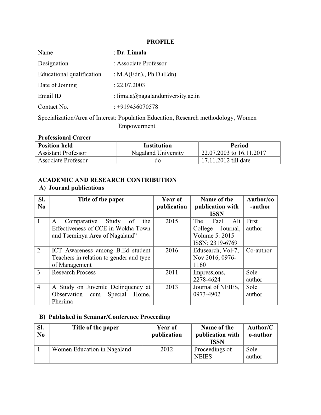 Dr. Limala Designation : Associate Professor Educational Qualification