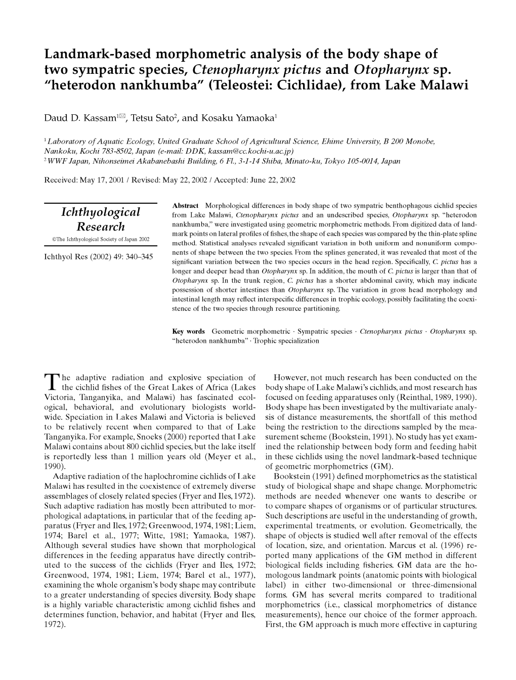 Landmark-Based Morphometric Analysis of the Body Shape of Two Sympatric Species, Ctenopharynx Pictus and Otopharynx Sp