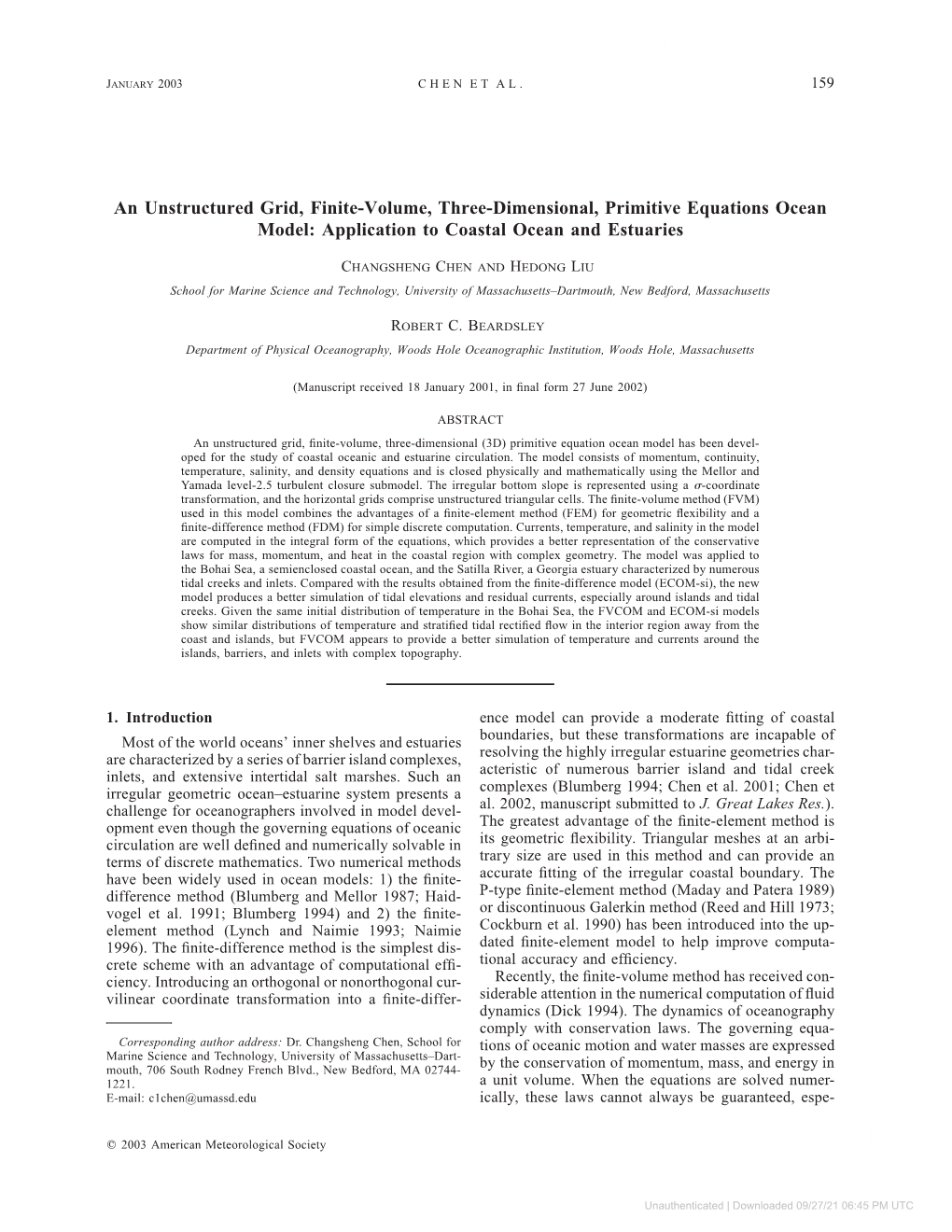 An Unstructured Grid, Finite-Volume, Three-Dimensional, Primitive Equations Ocean Model: Application to Coastal Ocean and Estuaries