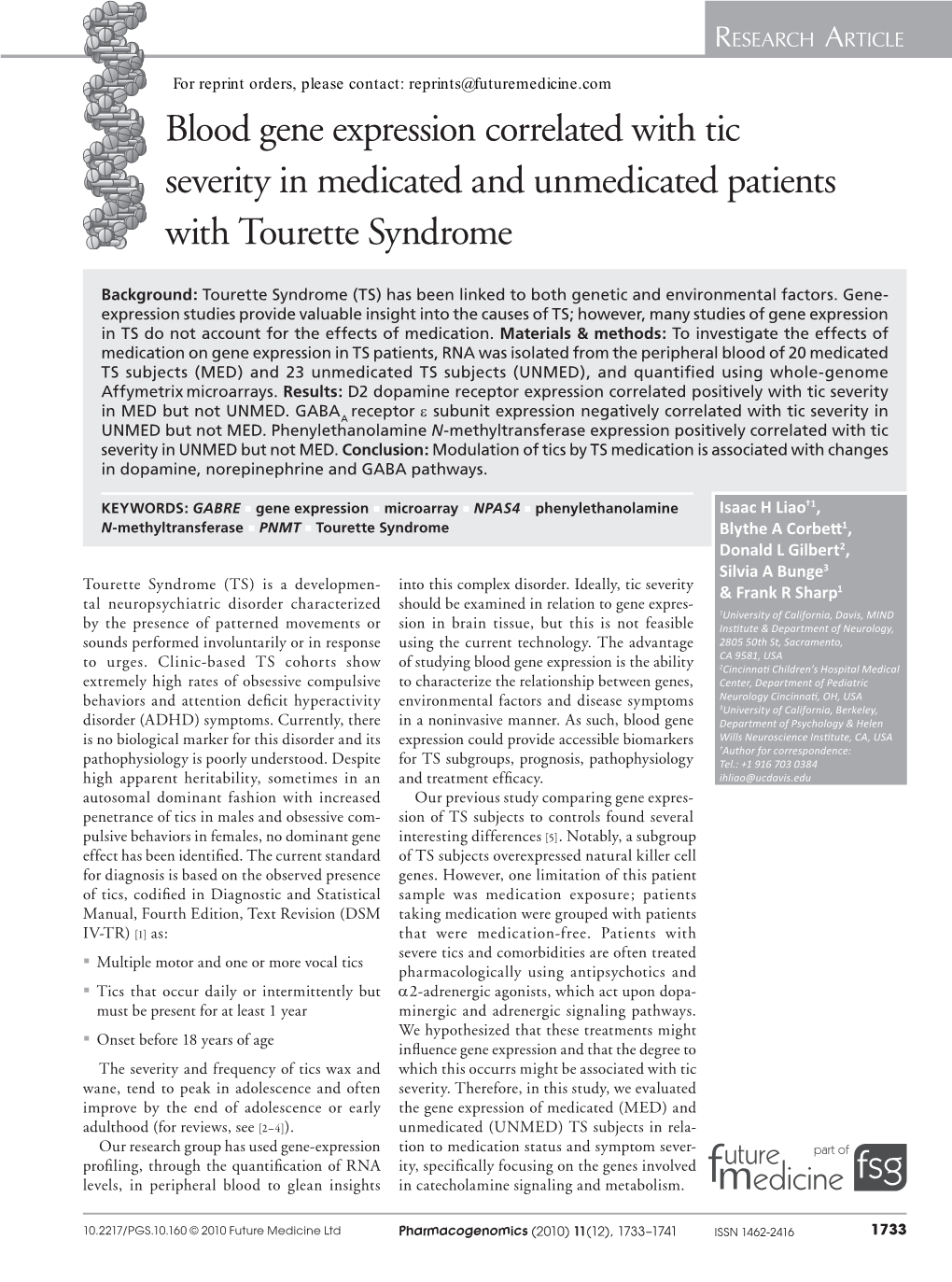 Blood Gene Expression Correlated with Tic Severity in Medicated and Unmedicated Patients with Tourette Syndrome