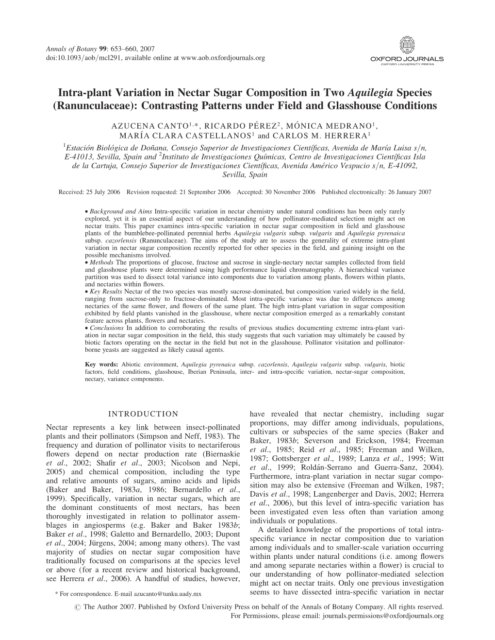 Intra-Plant Variation in Nectar Sugar Composition in Two Aquilegia Species (Ranunculaceae): Contrasting Patterns Under Field and Glasshouse Conditions