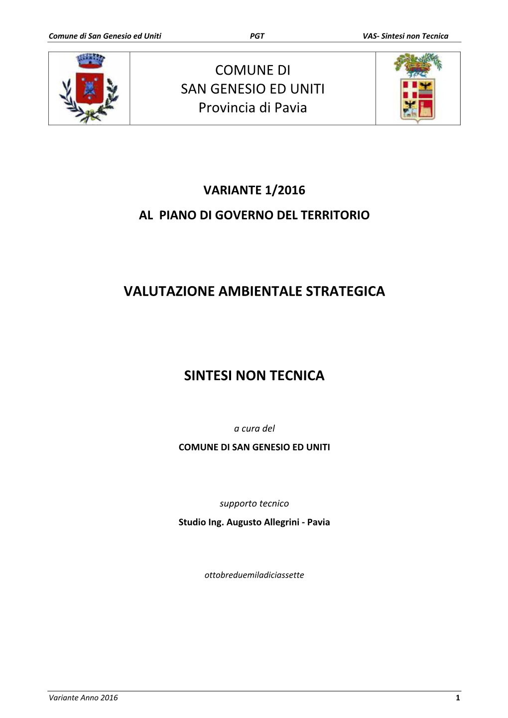 COMUNE DI SAN GENESIO ED UNITI Provincia Di Pavia VALUTAZIONE