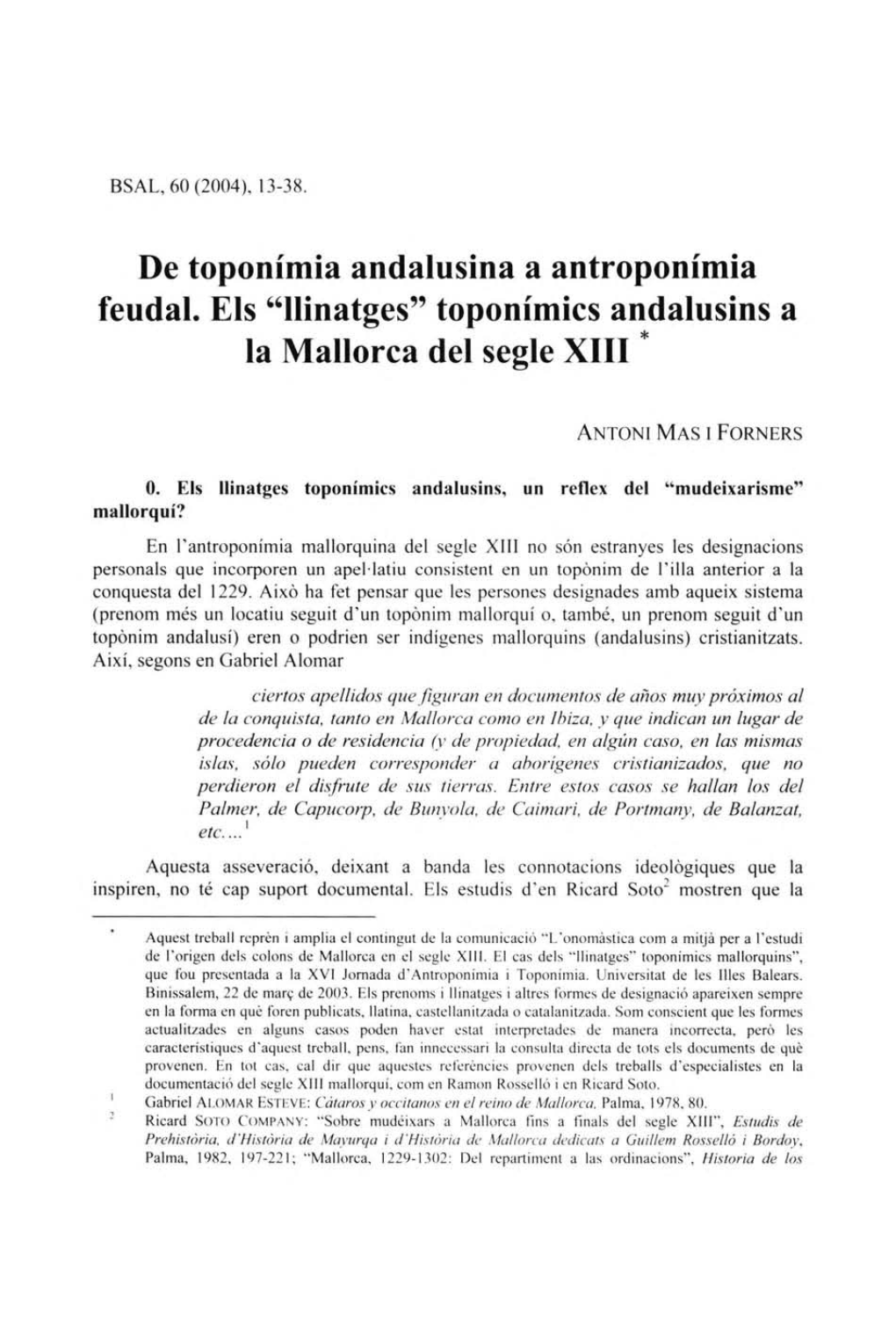 Llinatges" Toponímics Andalusins a La Mallorca Del Segle XIII *
