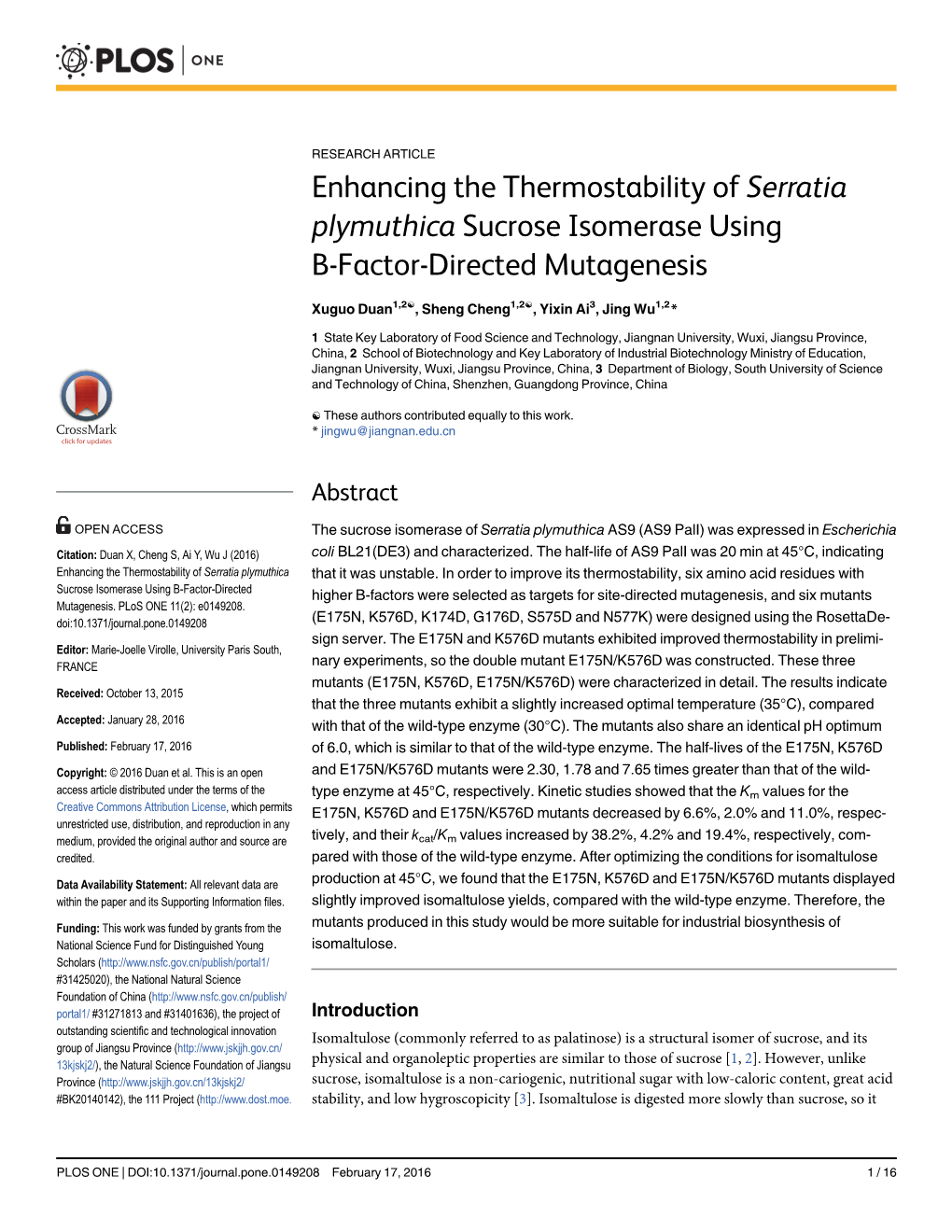 Enhancing the Thermostability of Serratia Plymuthica Sucrose Isomerase Using B-Factor-Directed Mutagenesis