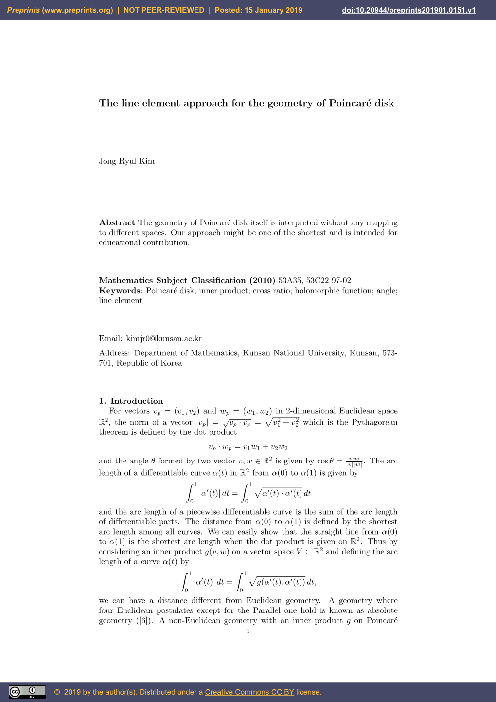 The Line Element Approach for the Geometry of Poincaré Disk