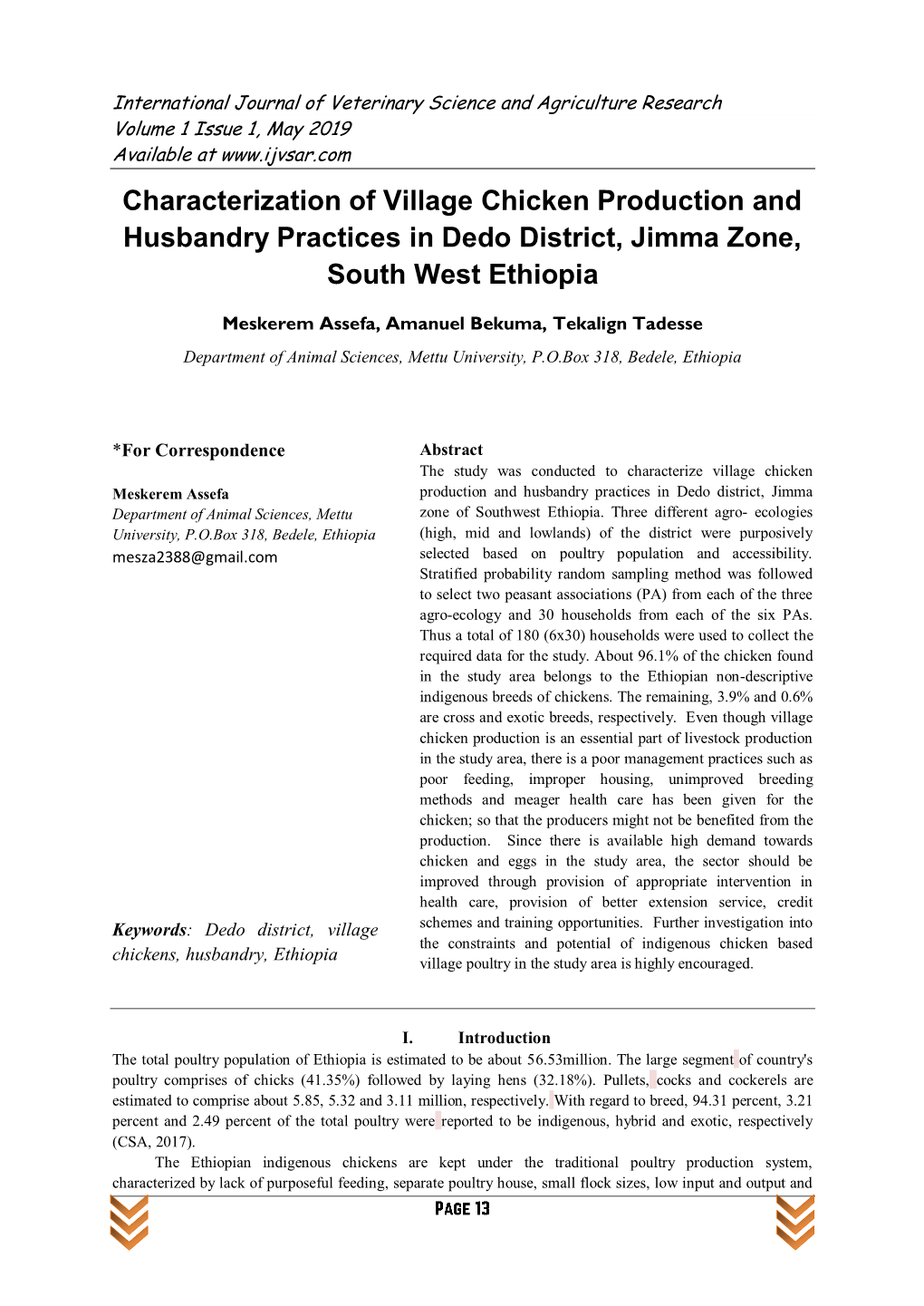 Characterization of Village Chicken Production and Husbandry Practices in Dedo District, Jimma Zone, South West Ethiopia