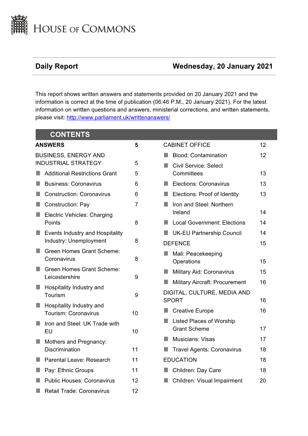 Daily Report Wednesday, 20 January 2021 CONTENTS