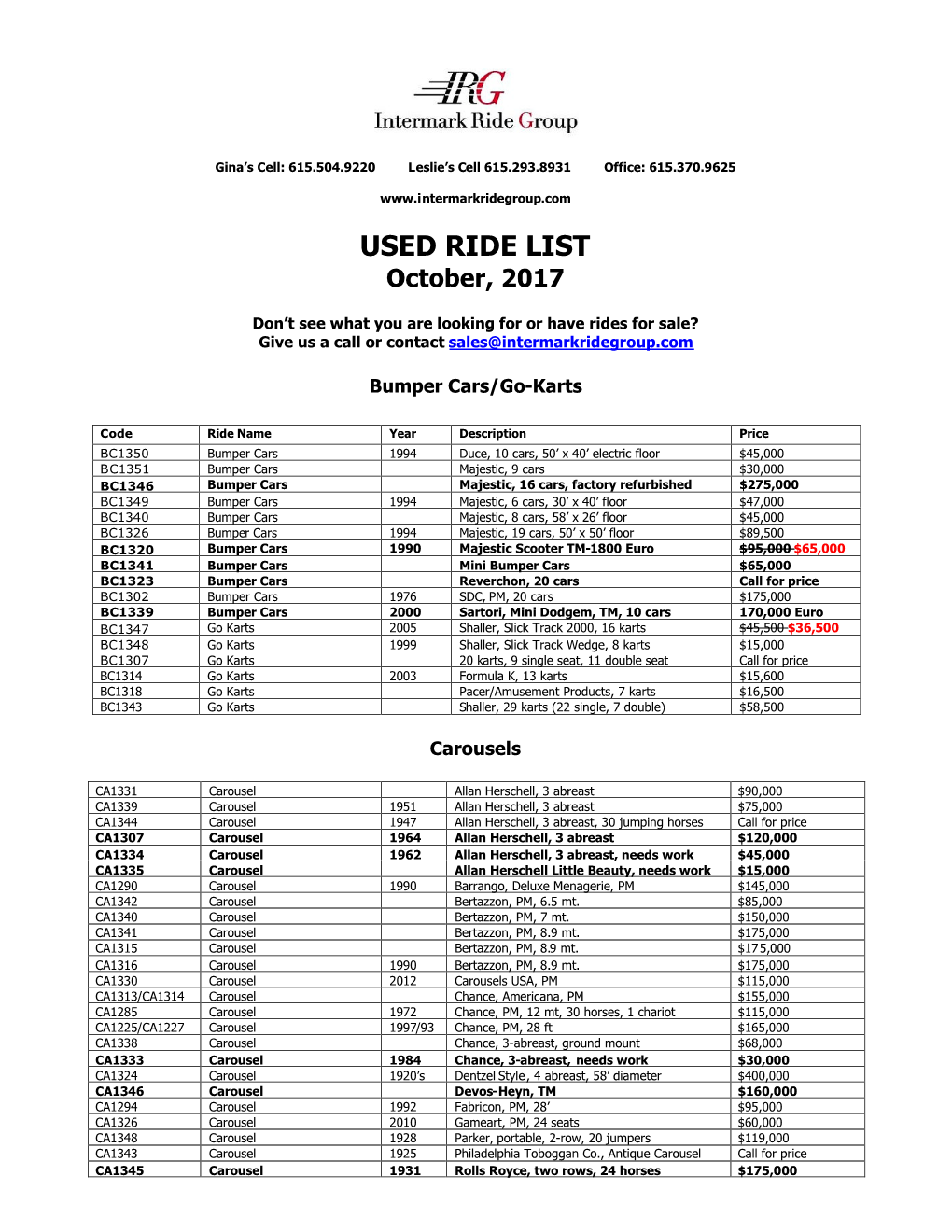 USED RIDE LIST October, 2017