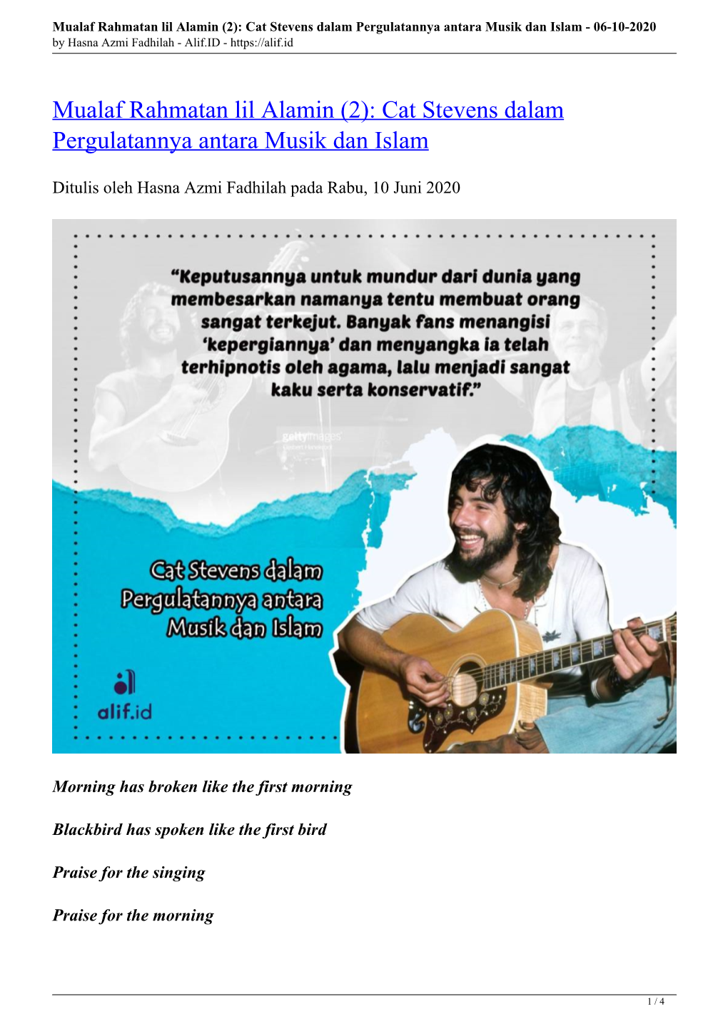 Mualaf Rahmatan Lil Alamin (2): Cat Stevens Dalam Pergulatannya Antara Musik Dan Islam - 06-10-2020 by Hasna Azmi Fadhilah - Alif.ID