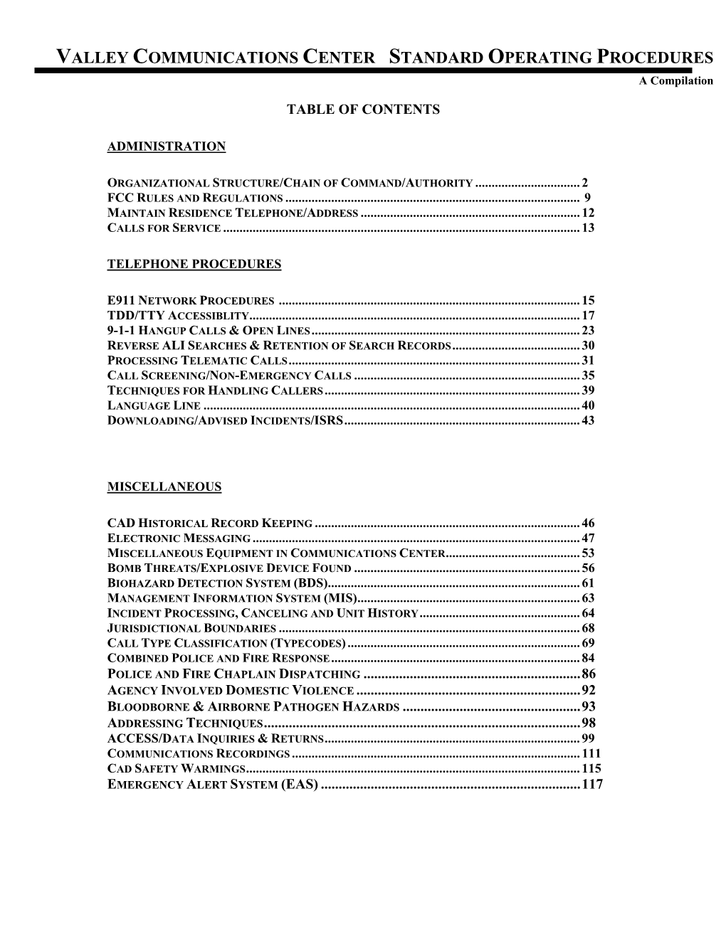 Valley Communications Center Standard Operating