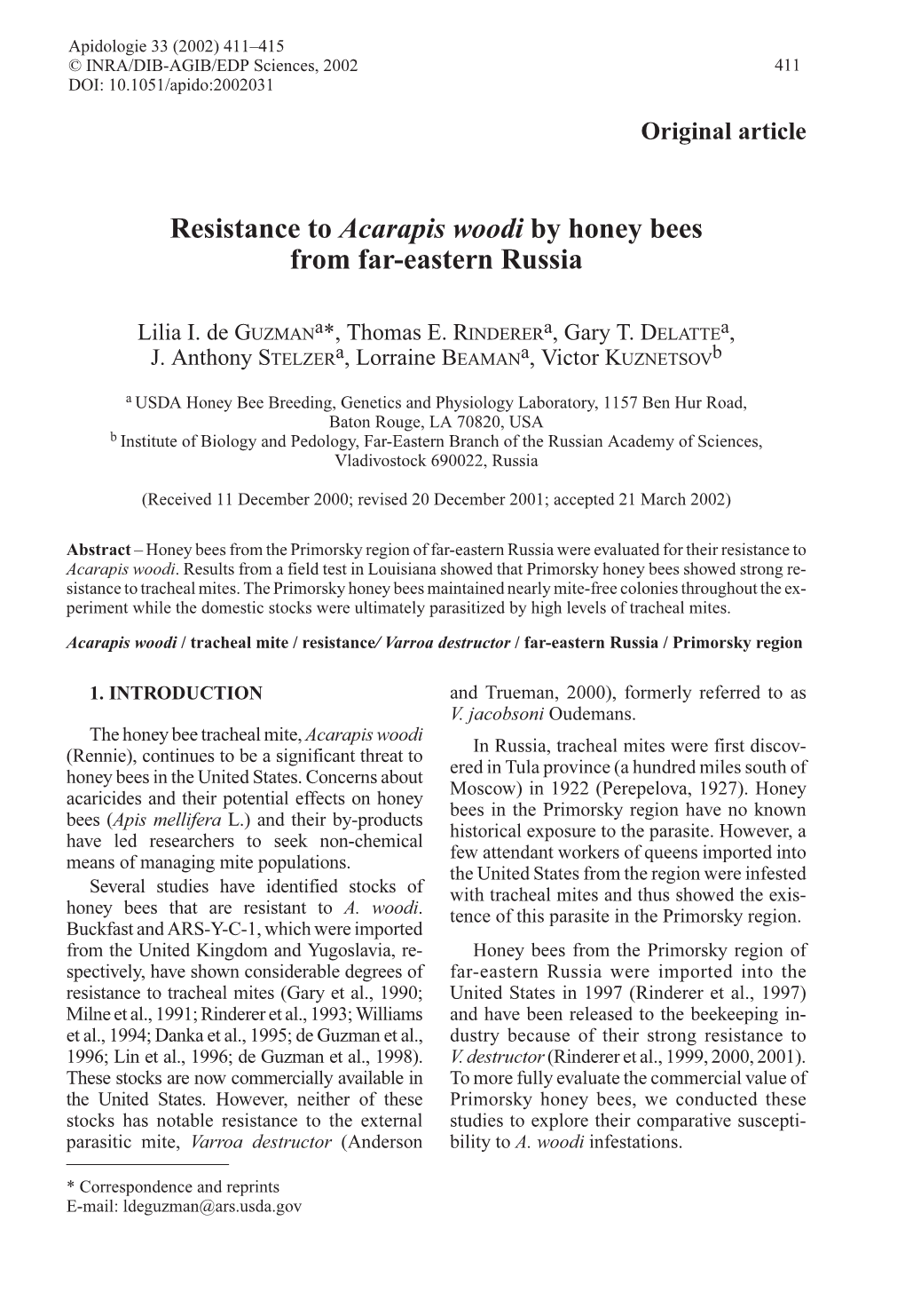 Resistance to Acarapis Woodi by Honey Bees from Far-Eastern Russia